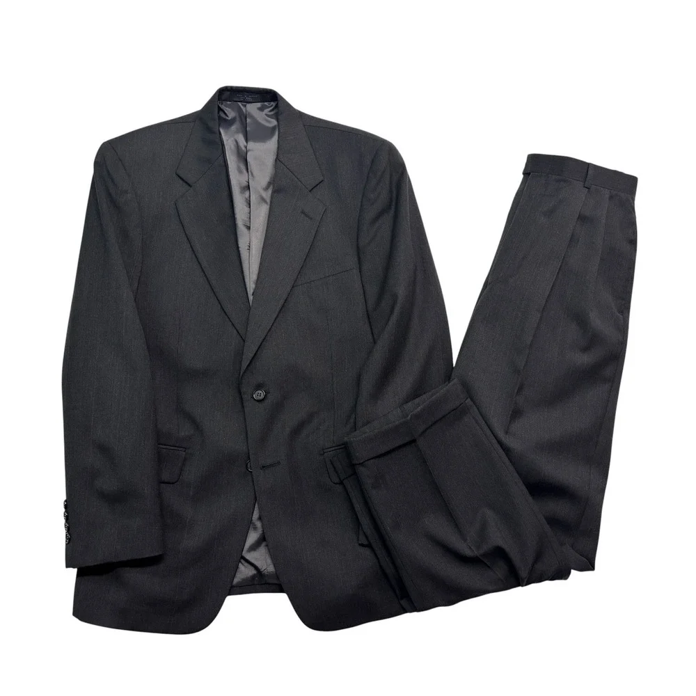vtg 90s Albert Nipon 38R 30x30 Charcoal Stripe 2pc Pant Suit Wool Pleated Cuffed